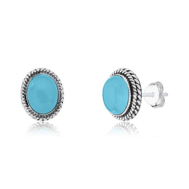 Brinco Prata Fixo Pedra Natural Calcedônia Azul Oval Borda Trabalhada Envelhecida