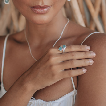 Anel Prata Pedra Natural Gotas Calcedônia Azul Borda Envelhecida Encontro