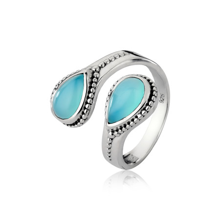 Anel Prata Pedra Natural Gotas Calcedônia Azul Borda Envelhecida Encontro