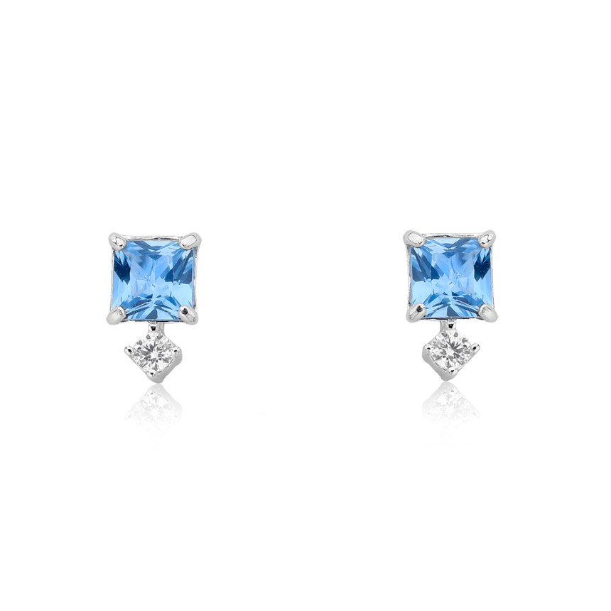 Brinco Prata Fixo Zircônia Azul "Acqua" Quadrada c/ Ponto Luz