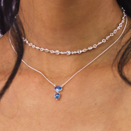 Gargantilha Prata Grumezinha Zircônia Azul "Acqua" Oval e Gota