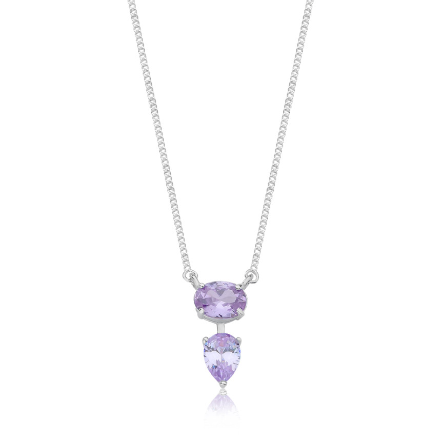 Gargantilha Prata Grumezinha Zircônia Lavanda Oval e Gota