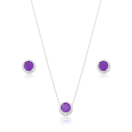 Conjunto Prata Fusion Ametista Redondo Borda Cravejada 8mm