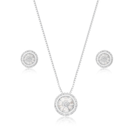 Conjunto Prata "Pizza" Zircônia Baguete Borda Cravejada 