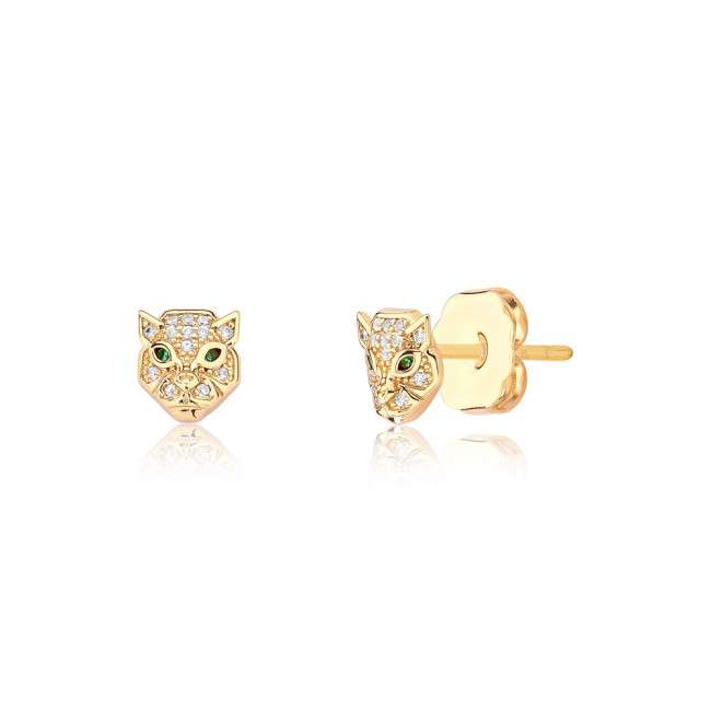 Brinco Fixo Tigre Cravejado e Olhos Verdes Folheado a Ouro 18k     