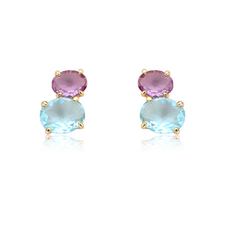 Brinco Fixo Zircônias Ovais Acqua e Ametista Folheado a Ouro 18k   