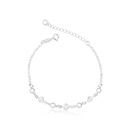 Pulseira Prata c/ 3 Pontos Luz Embutidos e 4 Bolinhas Lisas  