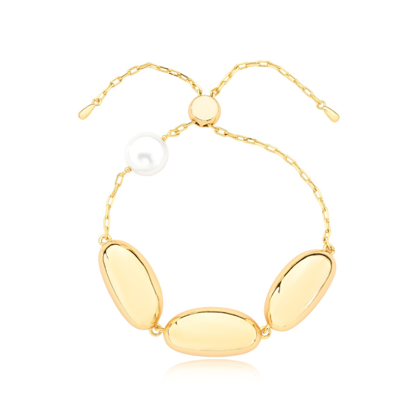 Pulseira Cartierzinha c/ Perola e Três Gomos Lisos GravatinhaFolheada a Ouro 18k 
