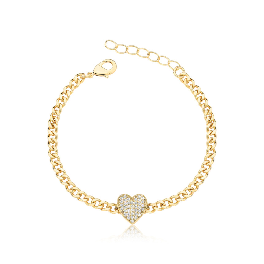 Pulseira Grumet Coração Cravejado Folheada a Ouro 18k  