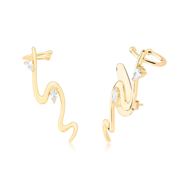  Brinco Ear Cuff Crushed c/ Zircônias Gota Folheado a Ouro 18k