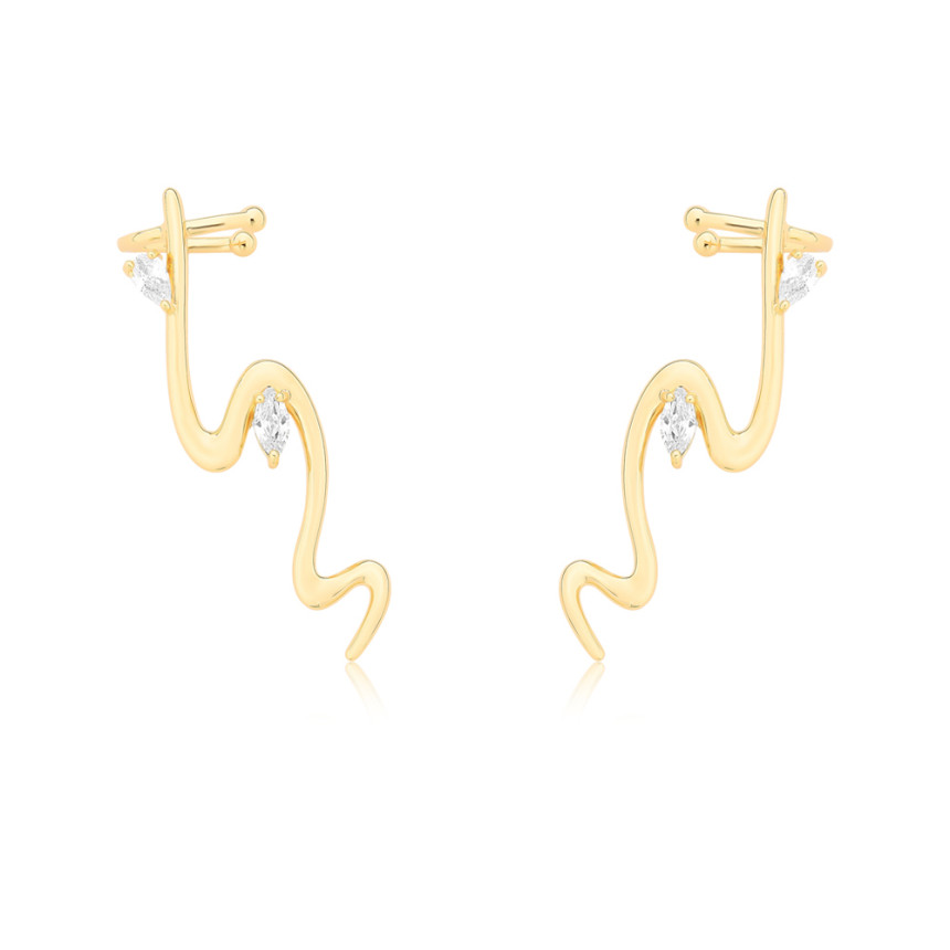  Brinco Ear Cuff Crushed c/ Zircônias Gota Folheado a Ouro 18k