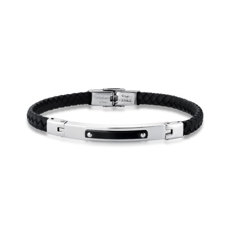 Pulseira Aço Rosso Couro Preto Trançado c/ Placa Steel 21cm