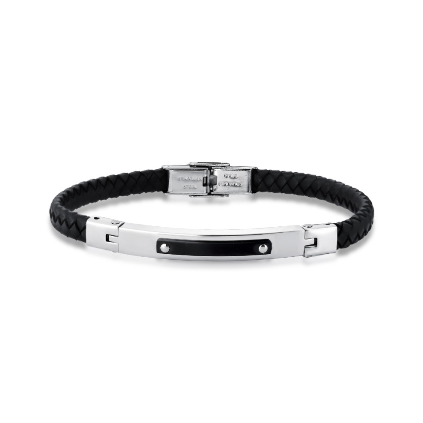  Pulseira Aço Rosso Couro Preto Trançado c/ Placa Steel 21cm   