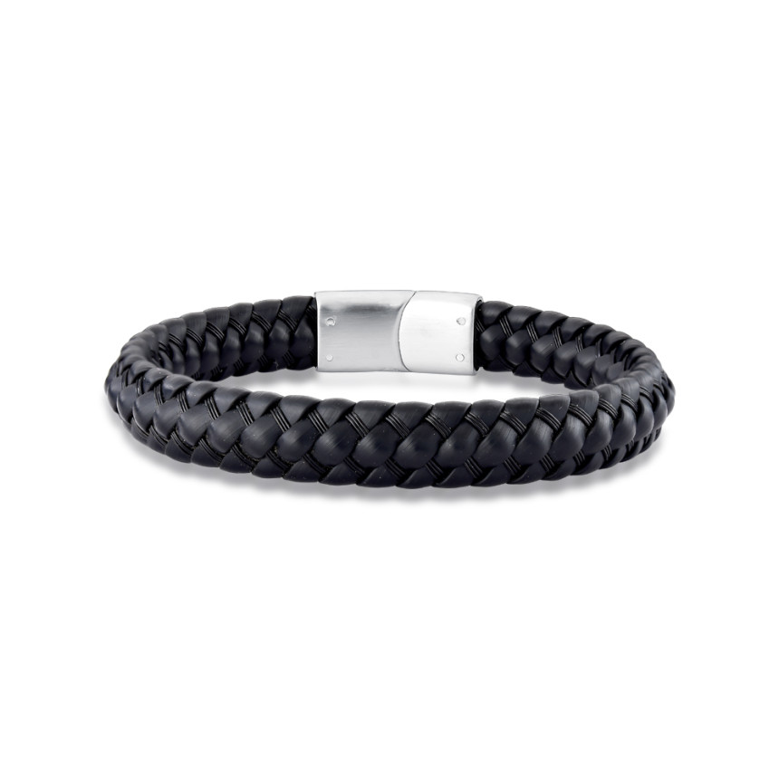 Pulseira Aço Rosso Couro Preto c/ Fecho Steel  20cm