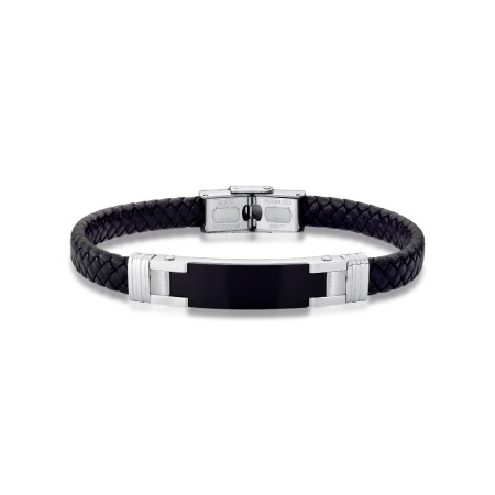 Pulseira Aço Rosso Couro Preto Trançado c/ Placa Centro Black 21cm