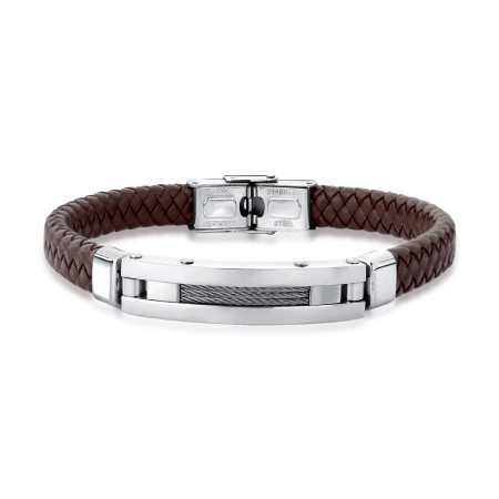 Pulseira Aço Rosso Couro Marrom Trançado c/ Placa e Centro Cabo Nautico 21 cm