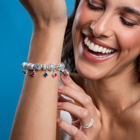 Berloque Prata You Separador Corações Vazados Cravejado 1 Fileira Candy Colors  