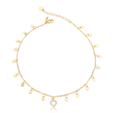 Tornozeleira Corações Lisos e Cravejado Folheada a Ouro 18k