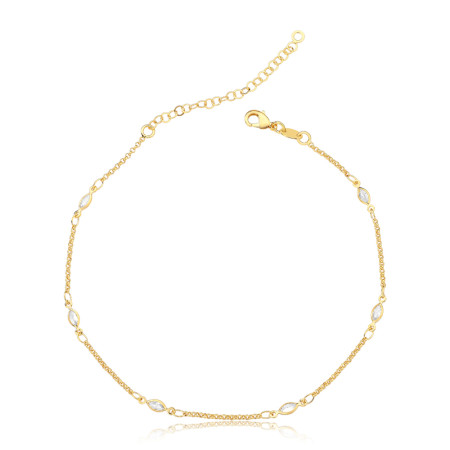  Tornozeleira Zircônias Navetes Embutidas Folheada a Ouro 18k