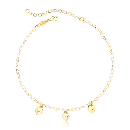  Tornozeleira Trio Coração Liso Folheada a Ouro 18k