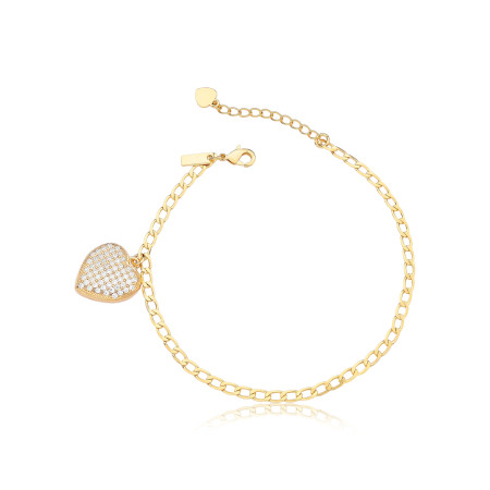 Pulseira Grumet c/ Coração Cravejado Folheada a Ouro 18k