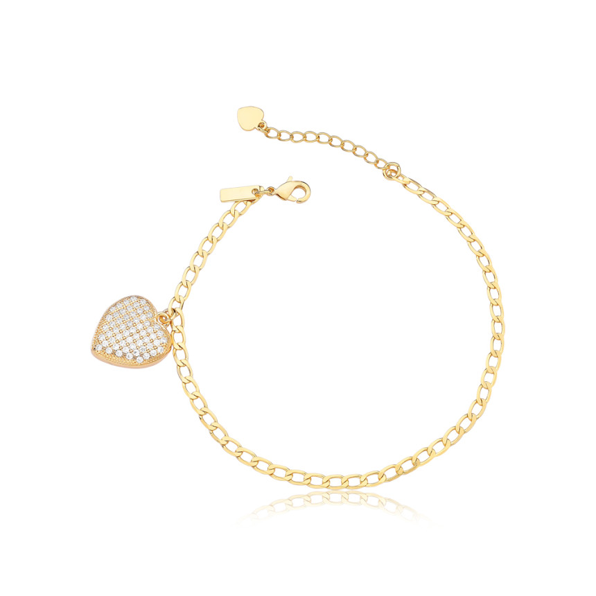 Pulseira Grumet c/ Coração Cravejado Folheada a Ouro 18k