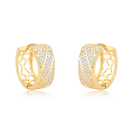 Argola Click Fileiras Diagonais Cravejadas 15mm Folheada a Ouro 18k