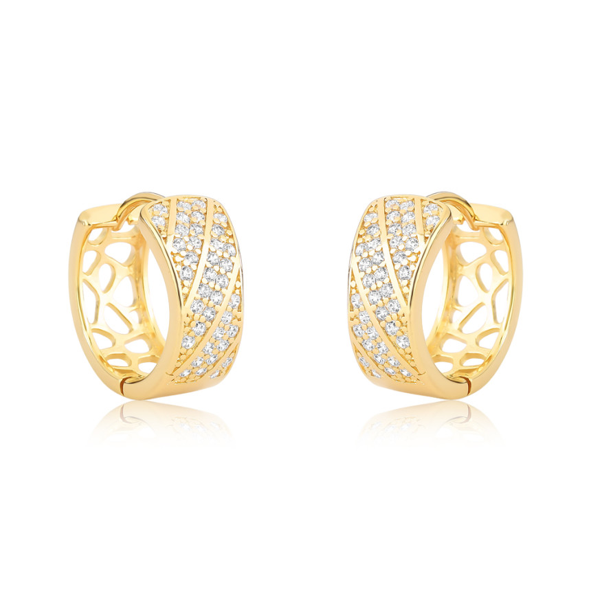 Argola Click Fileiras Diagonais Cravejadas 15mm Folheada a Ouro 18k