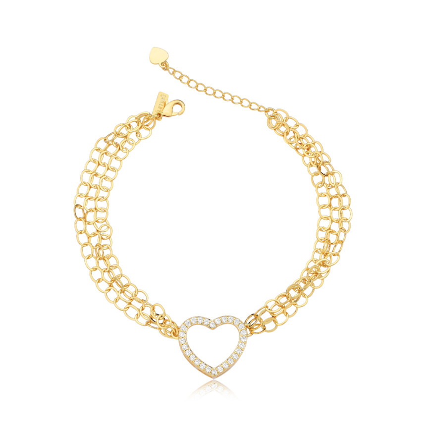 Pulseira Triplo Elos c/ Coração Vazado Folheada a Ouro 18k