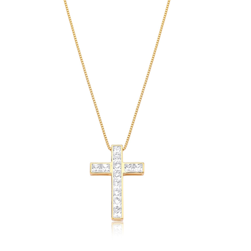 Gargantilha Cruz Zirônias Quadradas Folheada a Ouro 18k