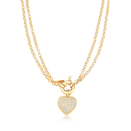 Gargantilha Dupla Portuguesa Coração Cravejado Folheada a Ouro 18k