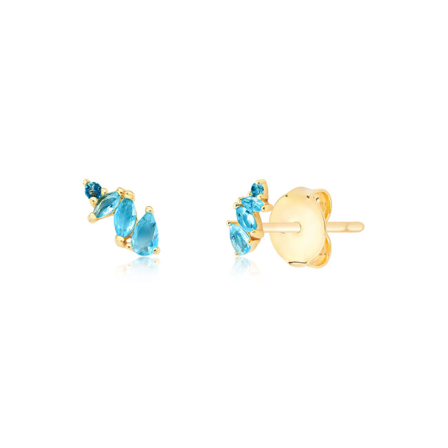 Brinco Fixo Zircônias Geométricas Azul Acqua Folheado a Ouro 18k