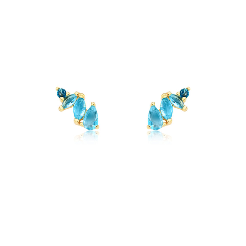 Brinco Fixo Zircônias Geométricas Azul Acqua Folheado a Ouro 18k