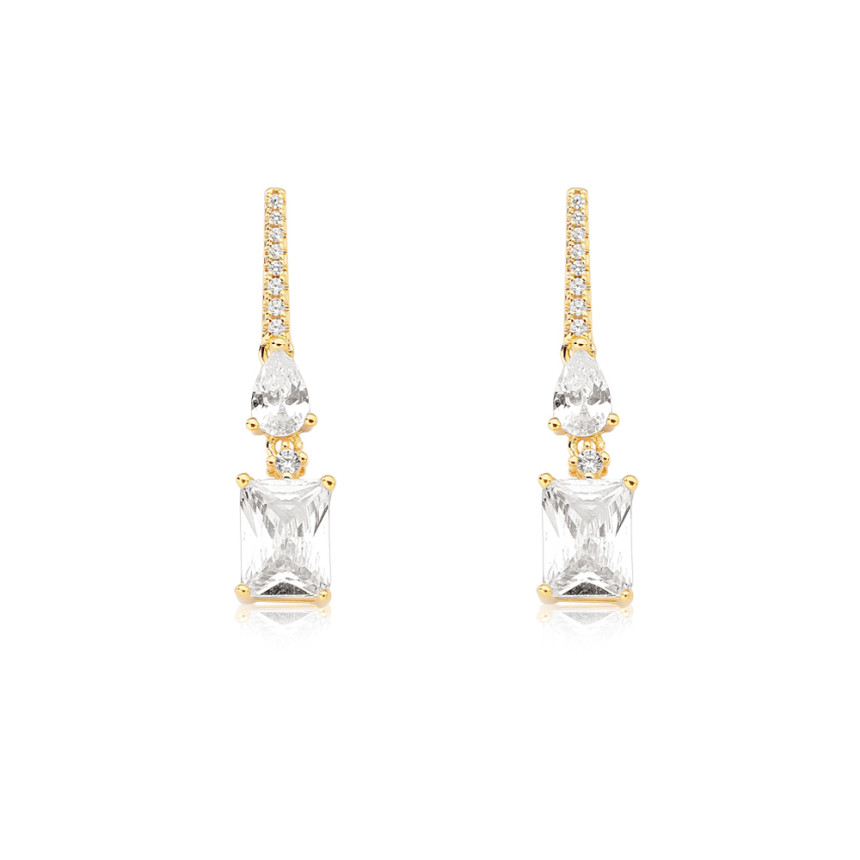 Brinco Base Palito Cravejado c/ Zircônia Gota e Retangular Folheado a Ouro 18k