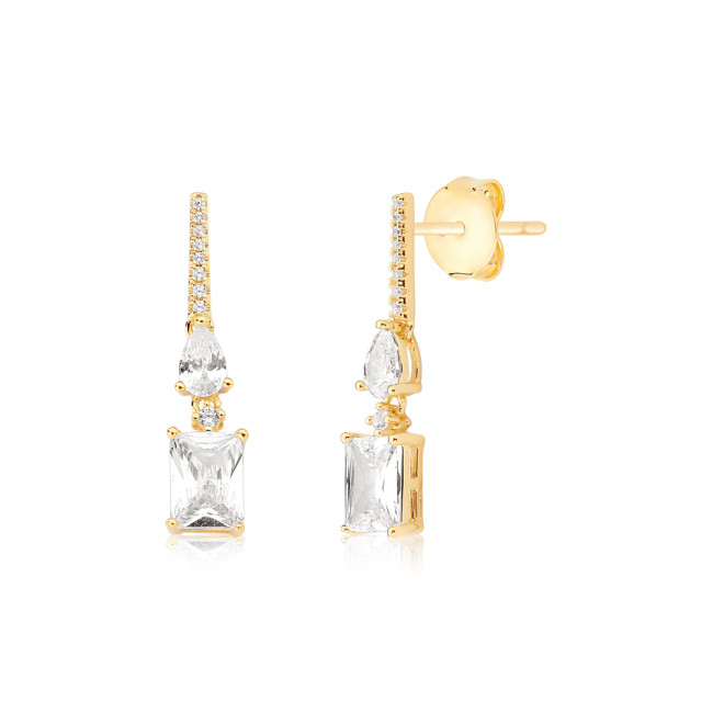 Brinco Base Palito Cravejado c/ Zircônia Gota e Retangular Folheado a Ouro 18k