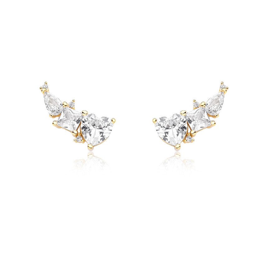  Brinco Ear Cuff Zircônias Coração Quadrado e Gota Folheado a Ouro 18k