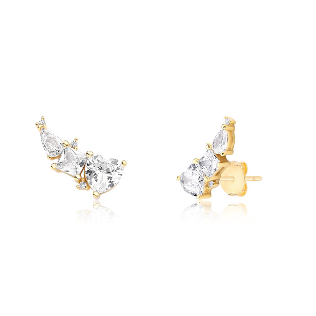  Brinco Ear Cuff Zircônias Coração Quadrado e Gota Folheado a Ouro 18k