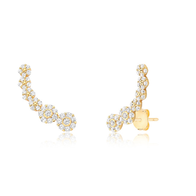  Brinco Ear Cuff Florzinhas Cravejadas Folheado a Ouro 18k