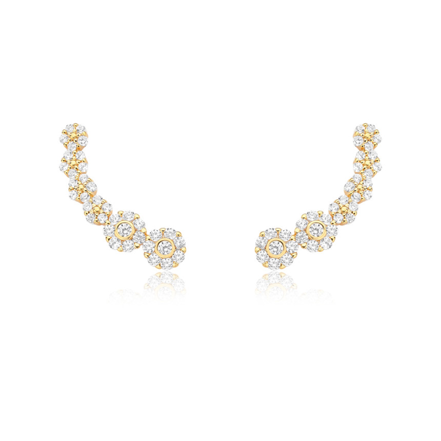  Brinco Ear Cuff Florzinhas Cravejadas Folheado a Ouro 18k