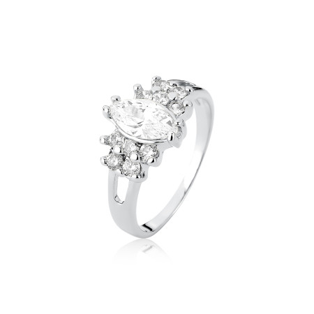 Anel Prata Zircônia Navete e Laterais Cravejadas Aro Vazado 