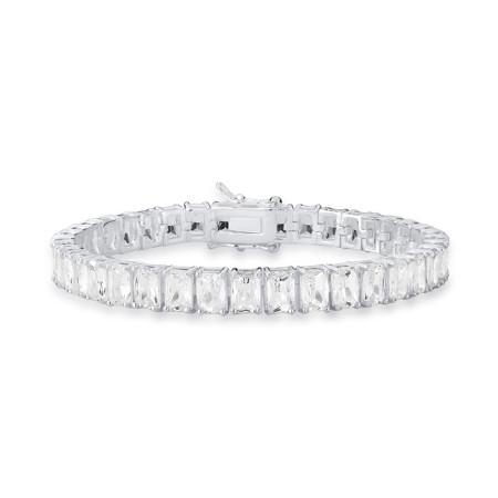 Pulseira Prata Leve Zircônia Riviera Baguete (4mm) Fecho Gaveta 18cm