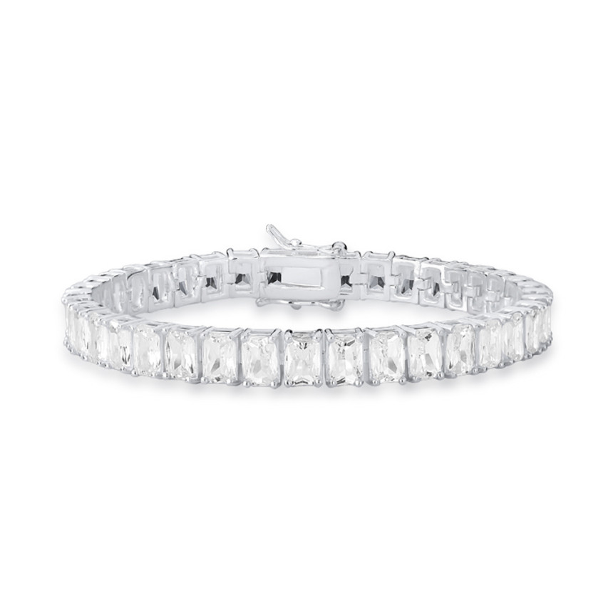 Pulseira Prata Leve Zircônia Riviera Baguete (4mm) Fecho Gaveta 18cm