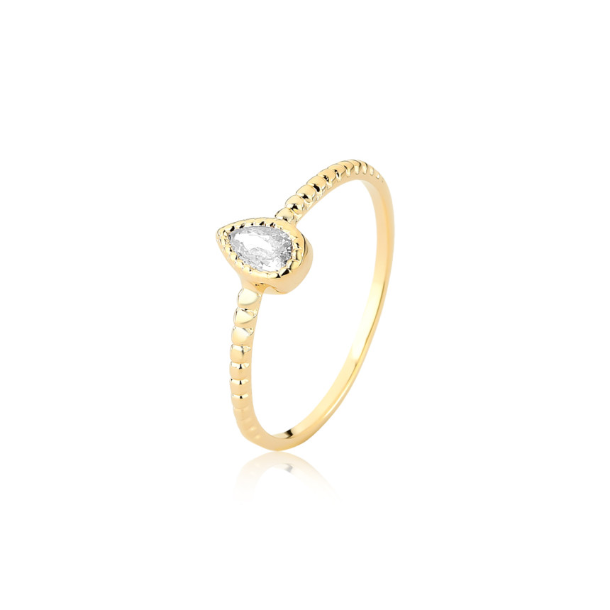 Anel Zircônia Gota Lateral Trabalhada Folheado a Ouro 18k