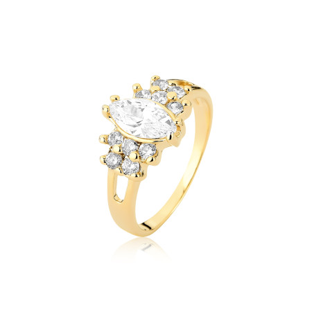 Anel Zircônia Navete e Laterais Cravejadas Aro Vazado Folheado a Ouro 18k