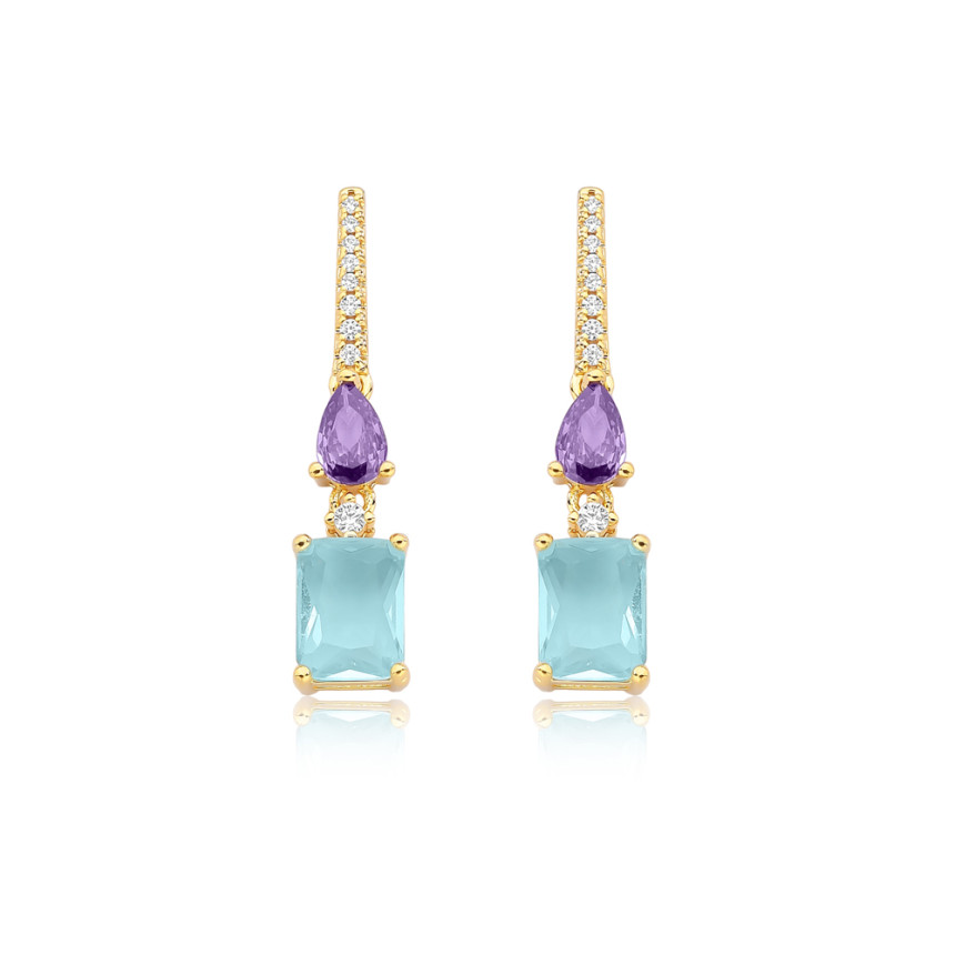 Brinco Base Palito Cravejado c/ Zircônia Gota e Retangular Multicolor Folheado a Ouro 18k