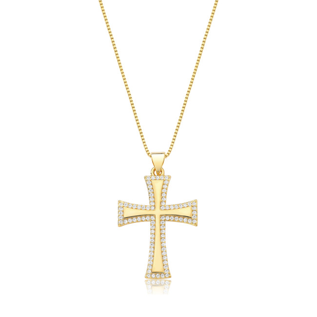Pingente Cruz Lisa c/ Borda Cravejada Folheado a Ouro 18k