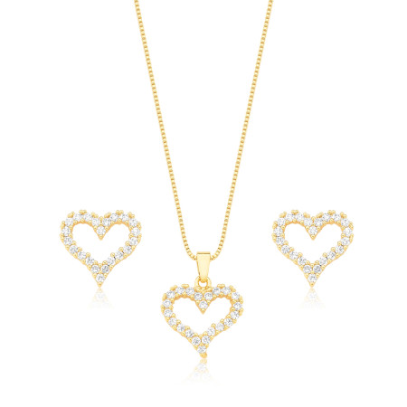 Conjunto Coração Vazado Cravejado Folheado a Ouro 18k  