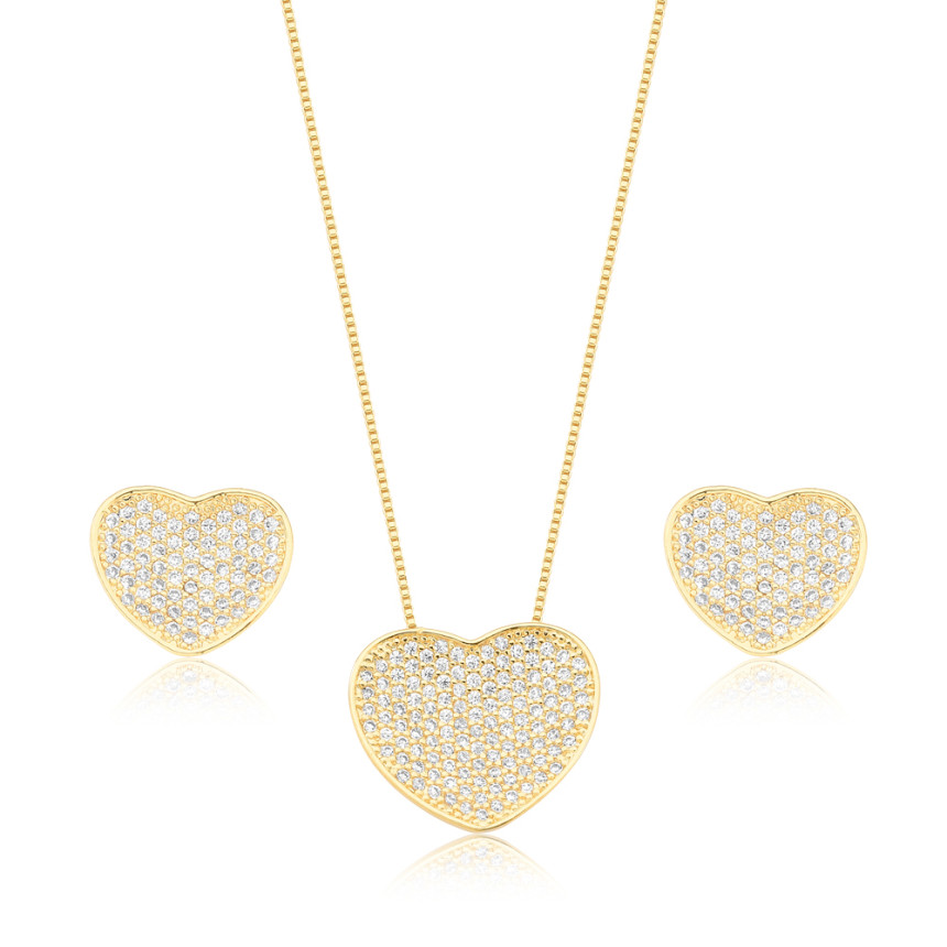 Conjunto Coração Cravejado Folheado a Ouro 18k  