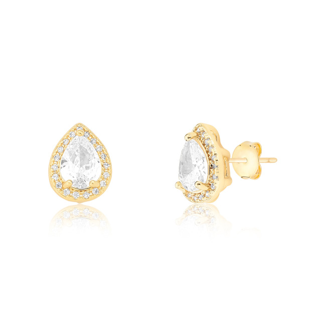 Conjunto Zircônia Gota c/ Borda Cravejada Folheado a Ouro 18K 