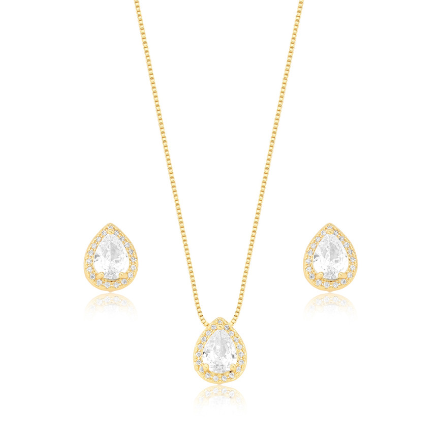 Conjunto Zircônia Gota c/ Borda Cravejada Folheado a Ouro 18K 